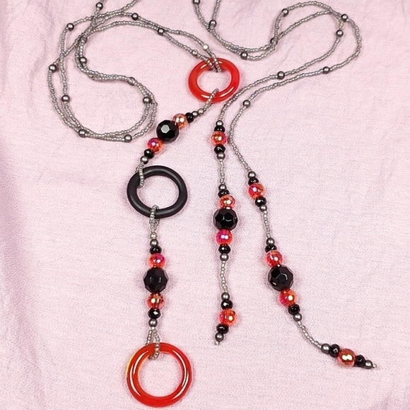 Beaded Lariat Necklace Red and Gray Beaded Choker Necklace Beaded Long Necklace - Picture 10 of 10